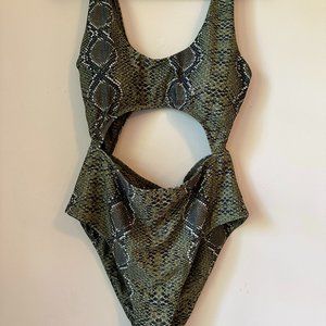 Forest Green Snake Skin Cut Out One Piece Bikini